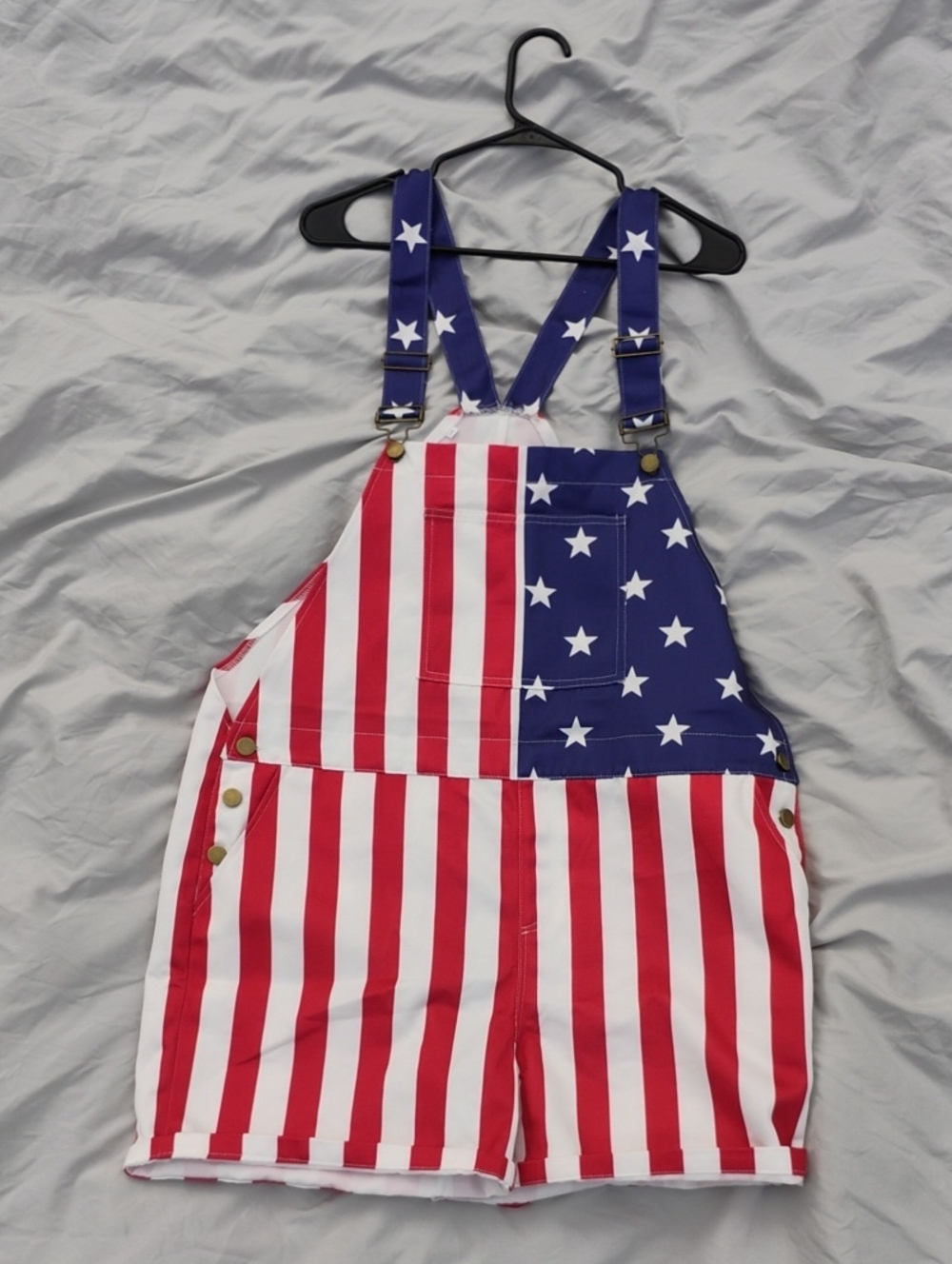 American Flag Stripe Short Overalls - Red/White/Blue